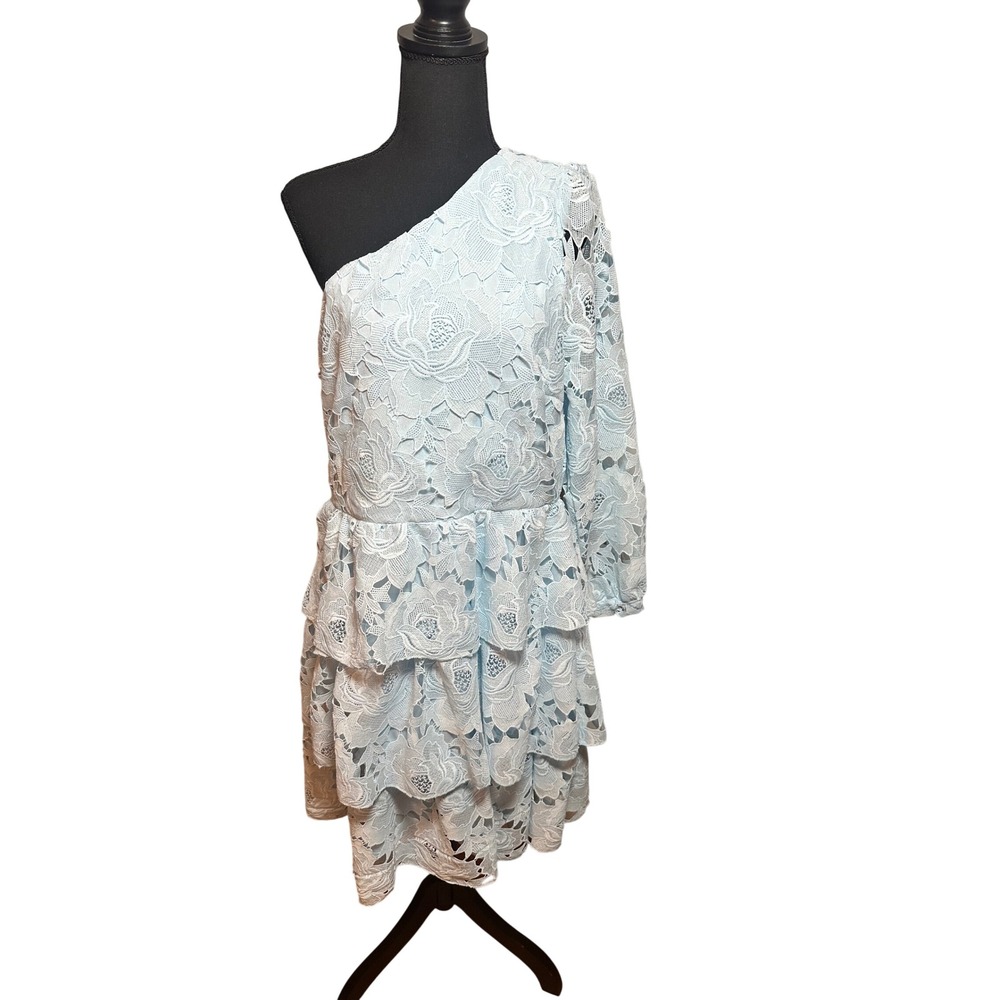 Layered with Love Sky Blue Floral Lace One Shoulder Tiered Mini Dress XL D273R-A